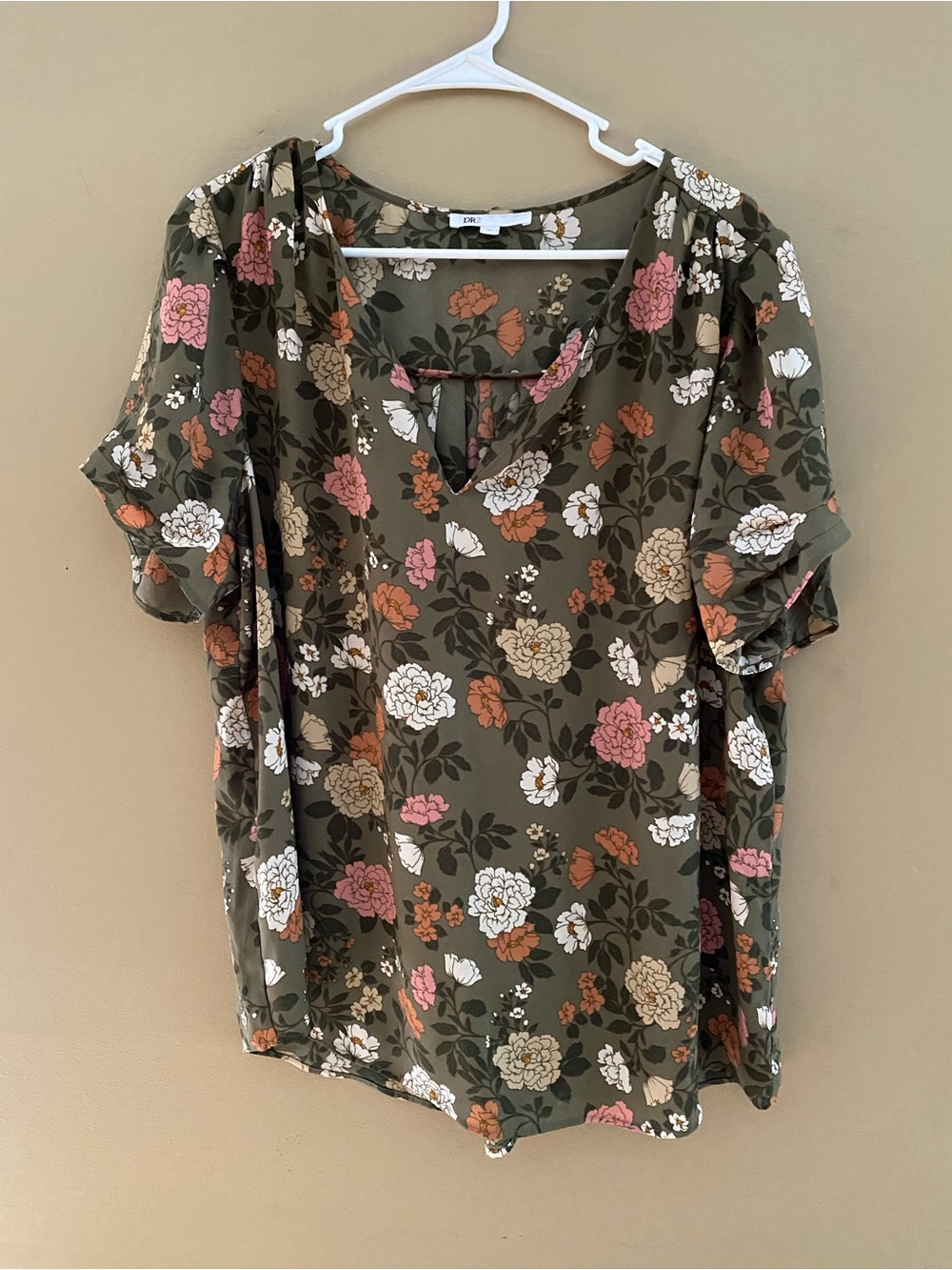 DR2 Olive Floral Keyhole Blouse with Pink, White & Rust Flowers